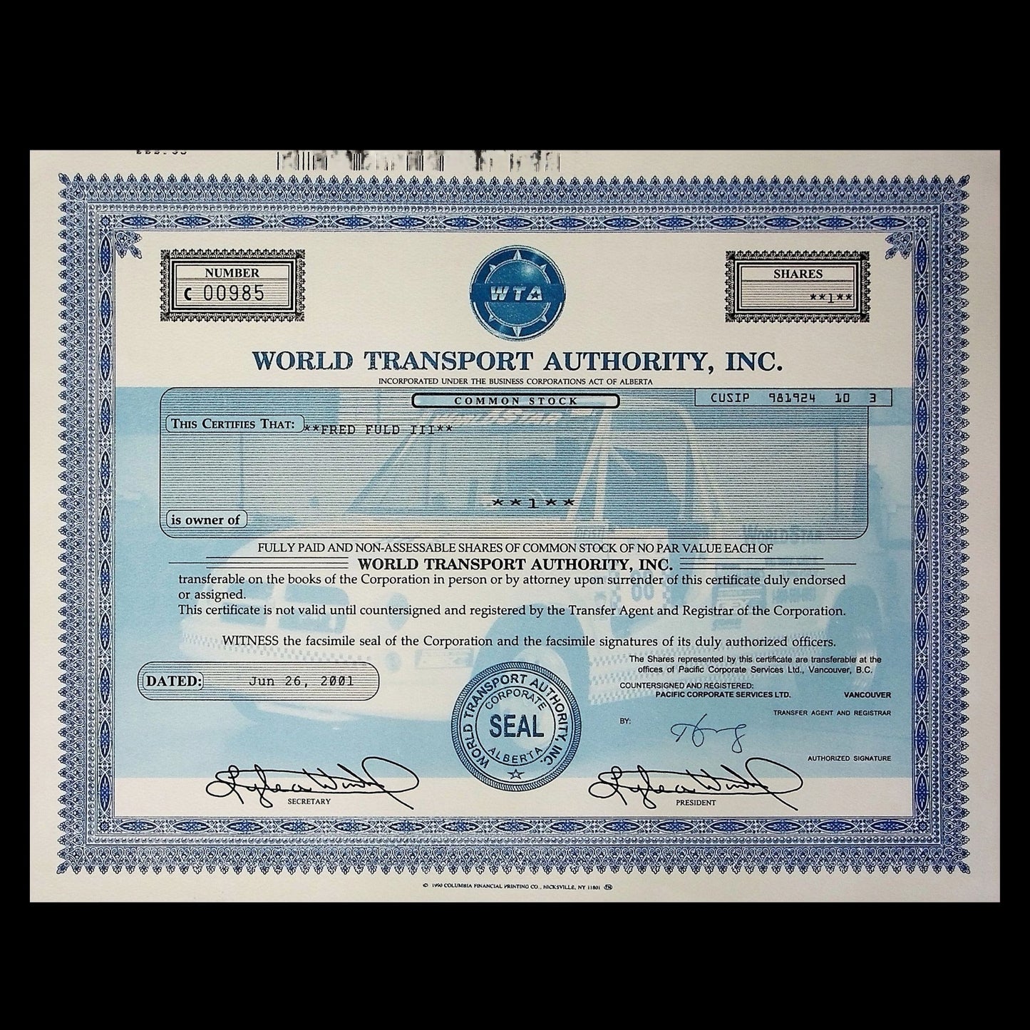 World Transport Authority, Inc Stock Certificate from 2001