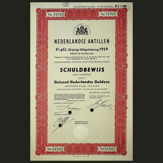 Netherlands Antilles (Curaçao, Bonaire, Aruba, St. Maarten) Debt Certificate from 1959