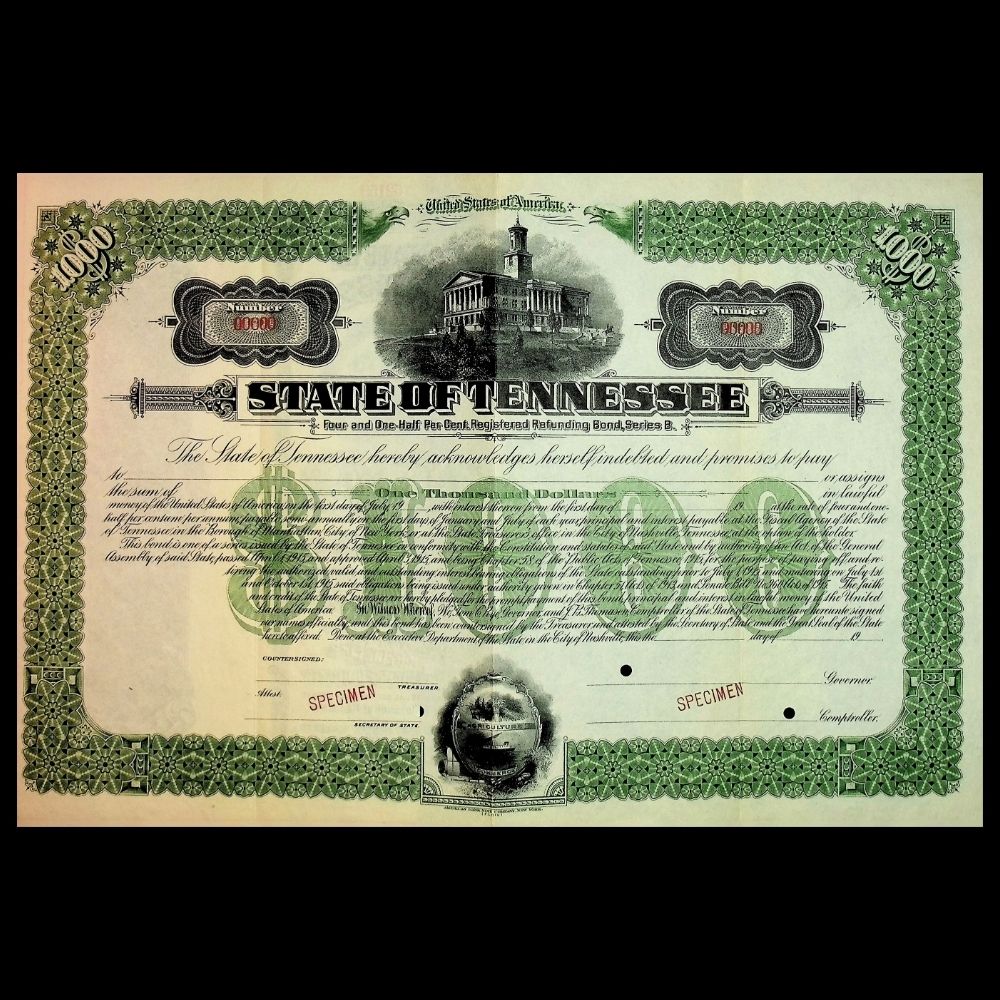 Specimen certificate of the State of Tennessee with decorative elements and text.