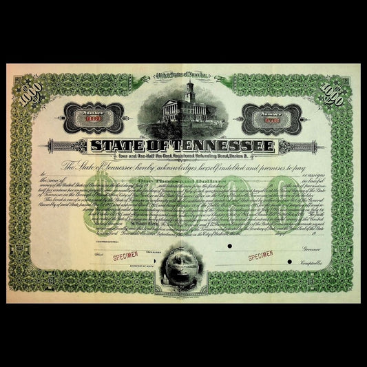 Specimen certificate of the State of Tennessee with decorative elements and text.