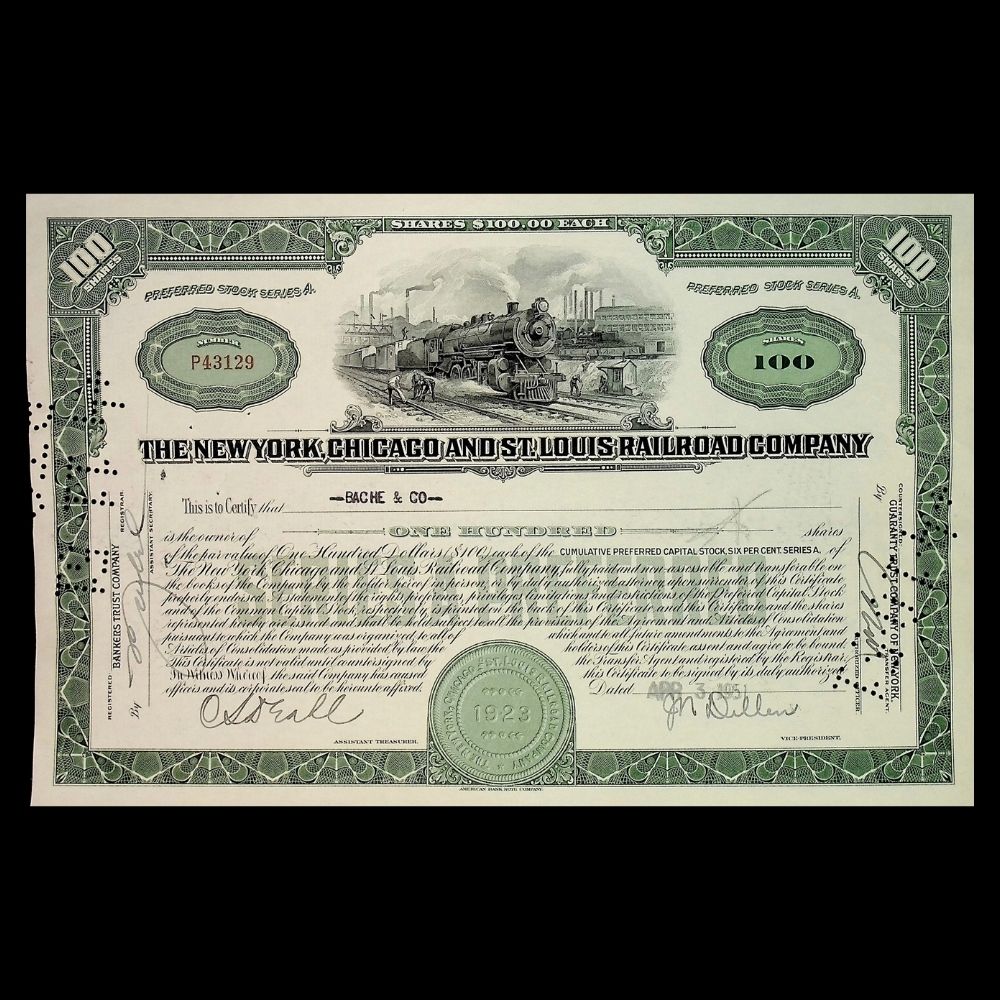 New York, Chicago and St. Louis Railroad Company Stock Certificate from 1940s