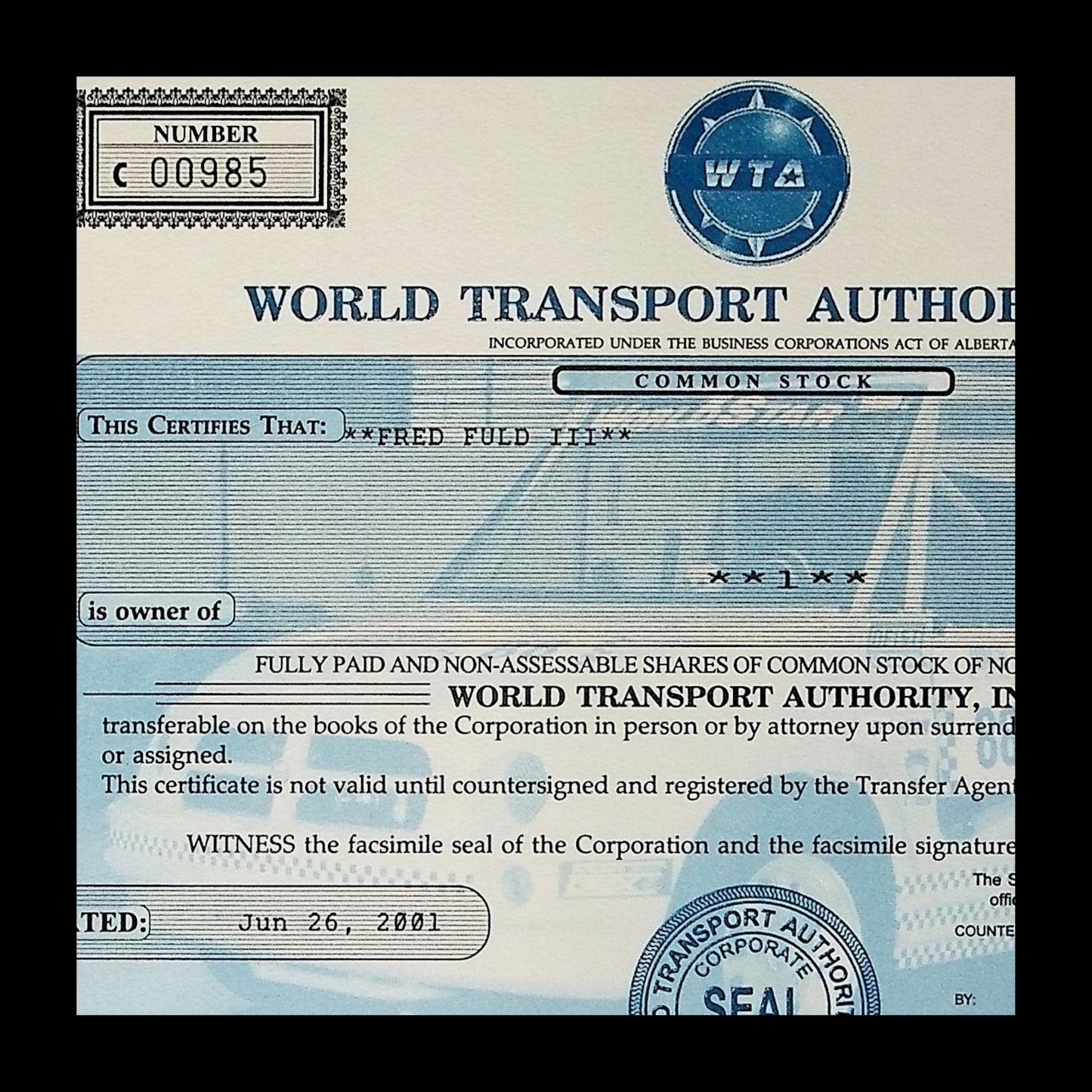 World Transport Authority, Inc Stock Certificate from 2001