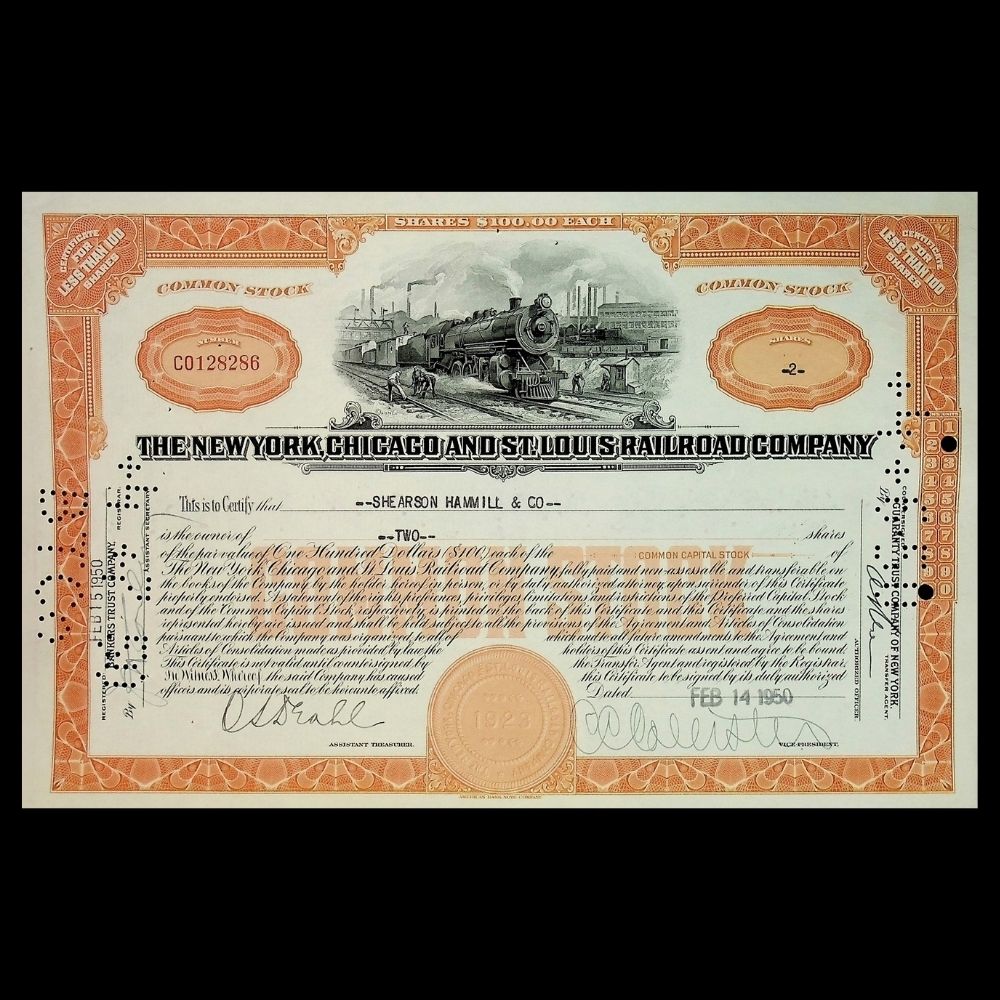 Vintage stock certificate of The New York, Chicago and St. Louis Railroad Company with train illustration.