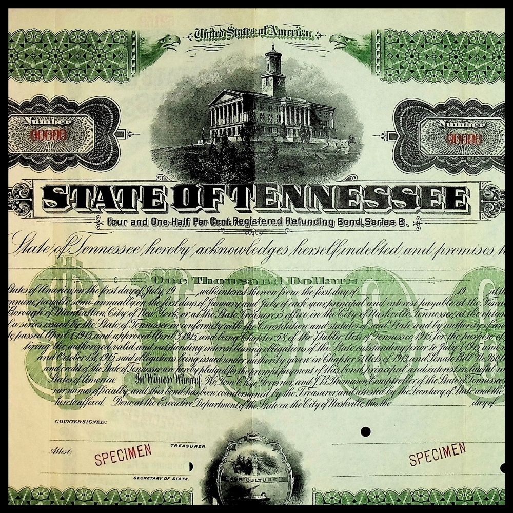 State of Tennessee bond certificate with detailed design and text.