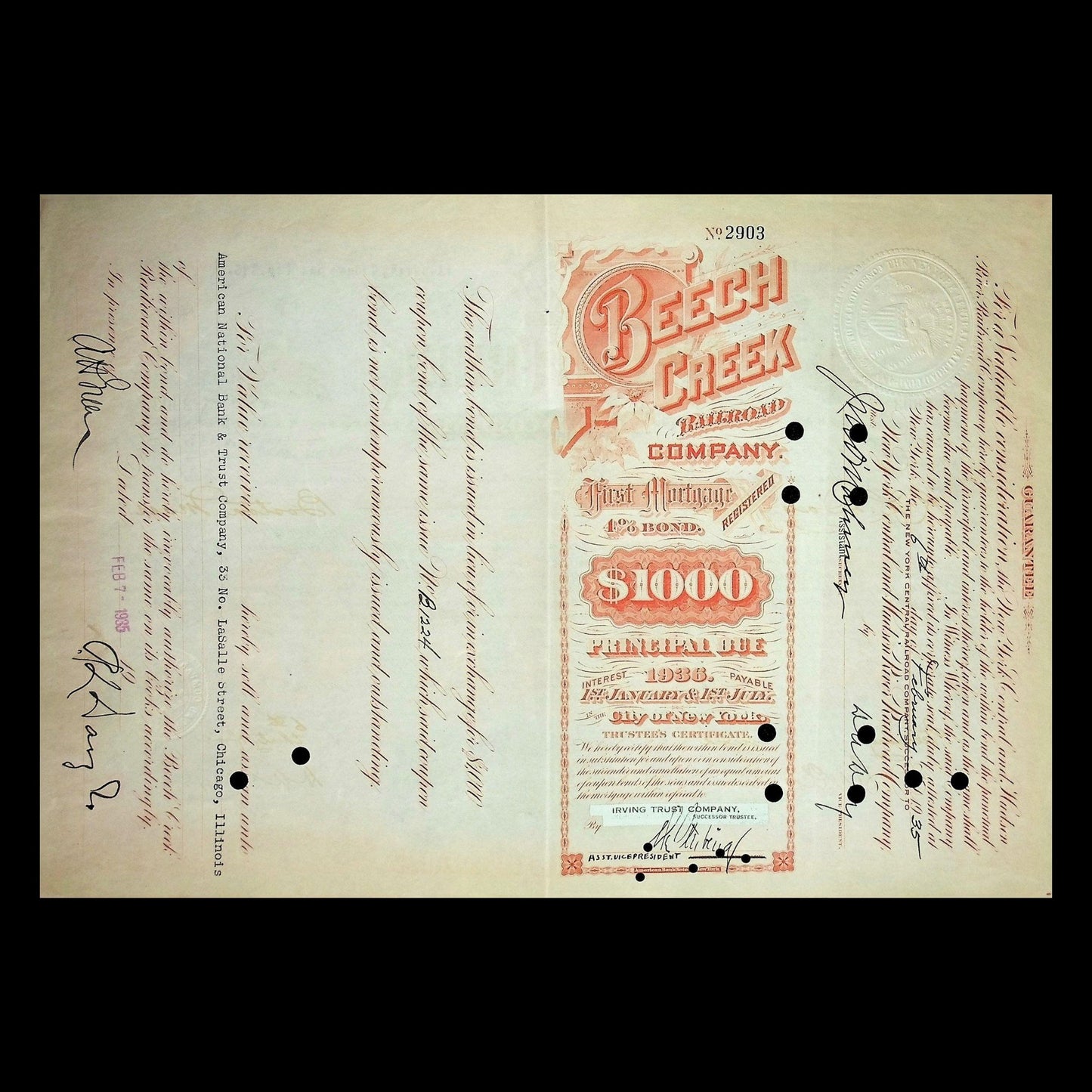 1939 年 Beech Creek 铁路债券证书