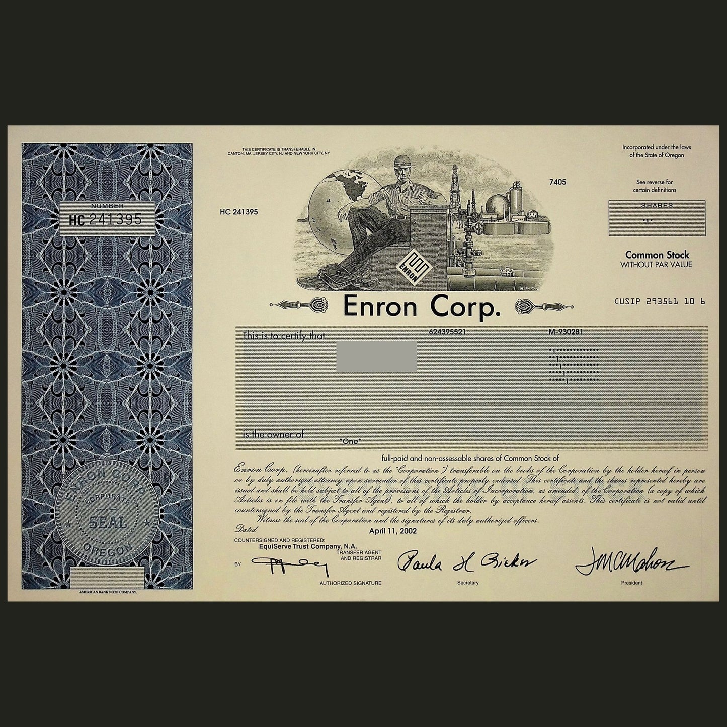 2000 年代安然公司股票证书(稀有且原始)