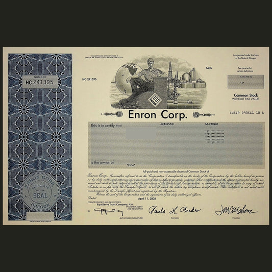 Enron Corp Stock Certificate from 2000s era - Authentic & Original