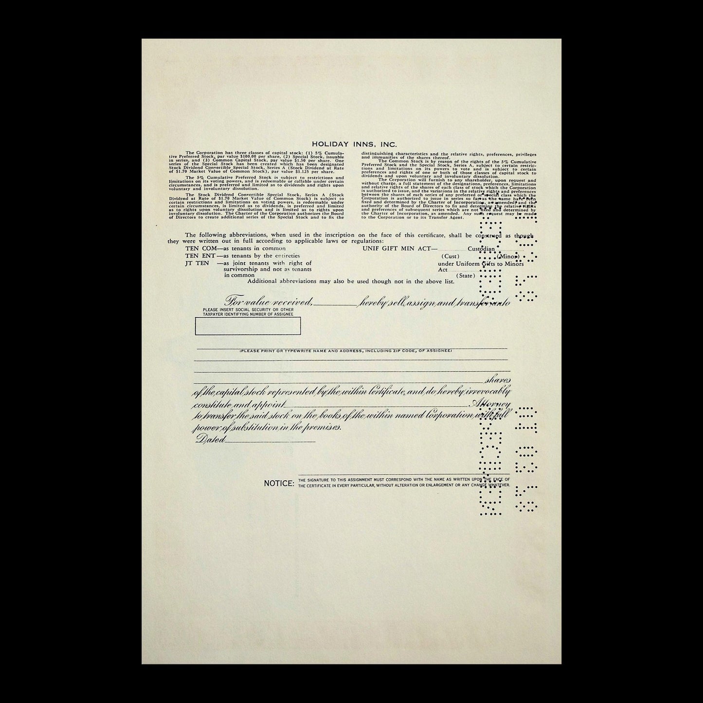 假日酒店有限公司 1978 年股票证书样本