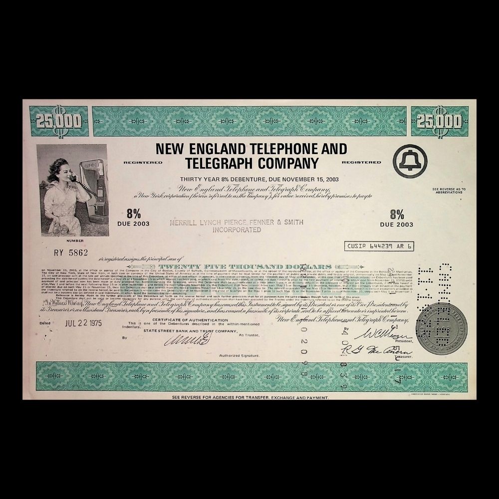 New England Telephone and Telegraph Company Stock Certificate from 1970s – Multi-Color