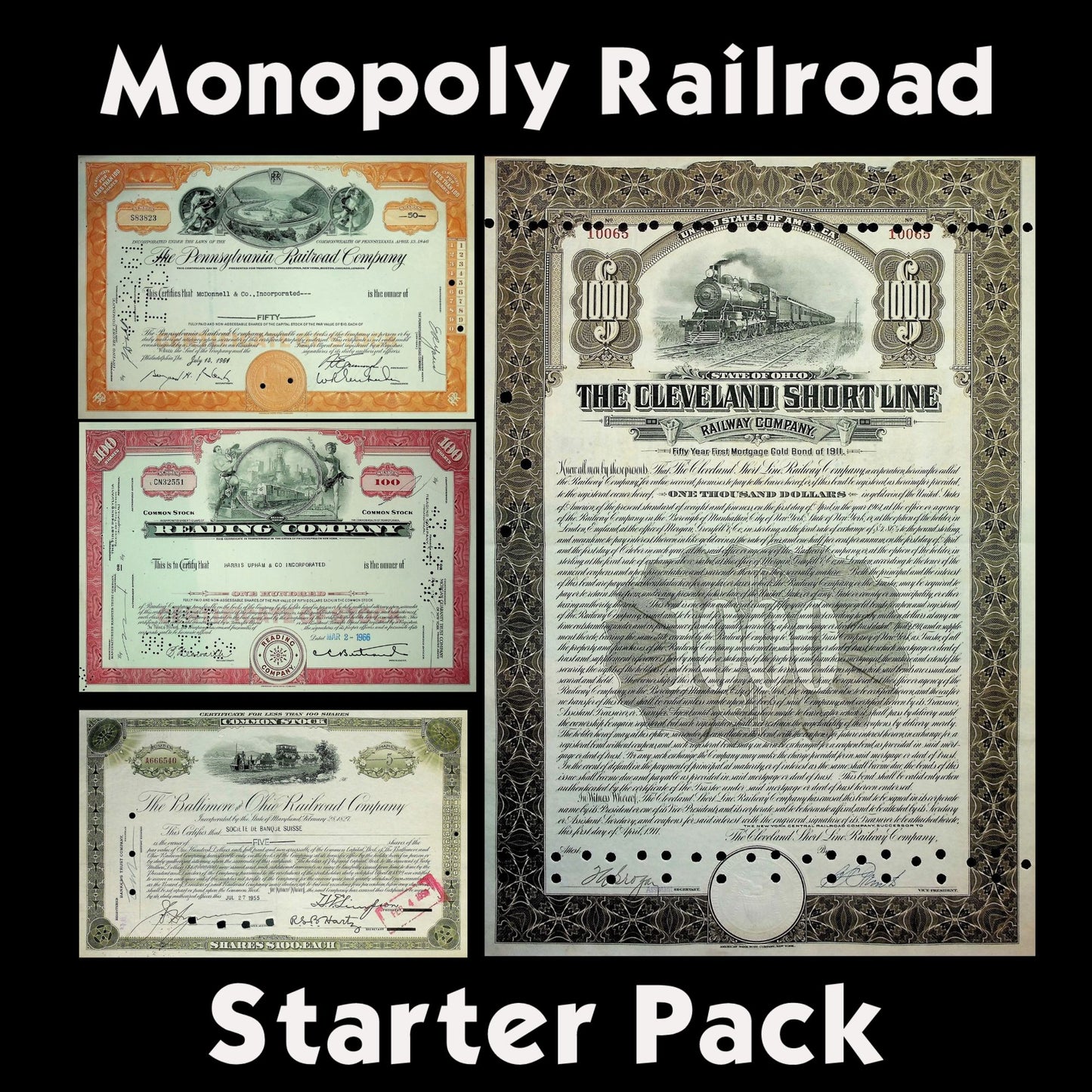 A collection of four Monopoly Railroad stock and bond certificates from different railroads, with the text 'Monopoly Railroad Starter Pack' above.