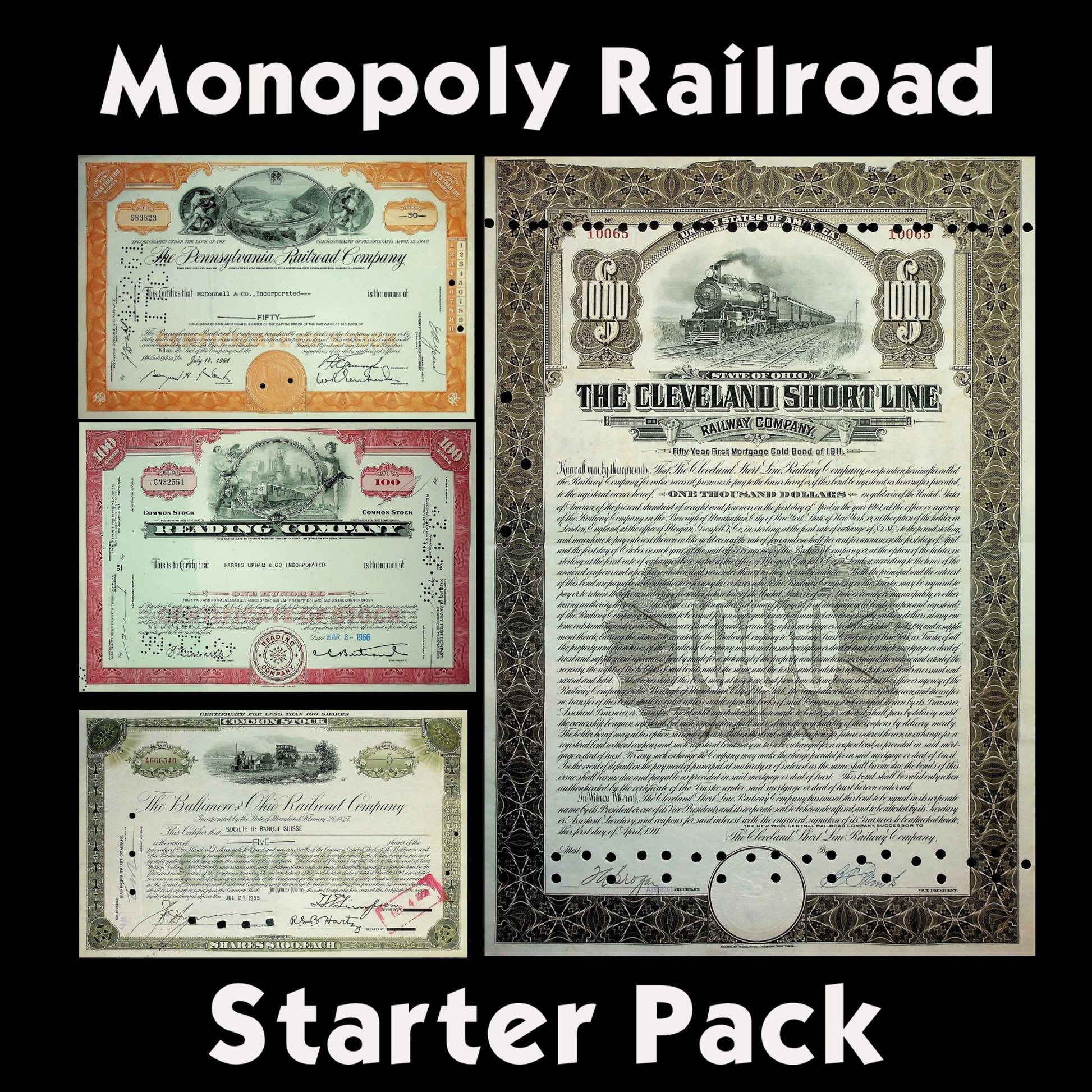 A collection of four Monopoly Railroad stock and bond certificates from different railroads, with the text 'Monopoly Railroad Starter Pack' above.