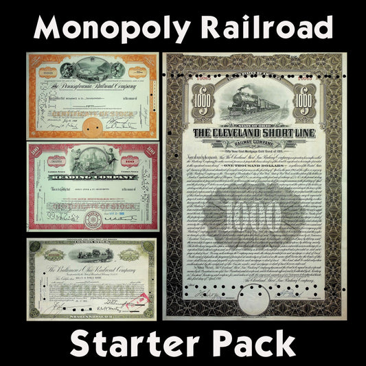 A collection of four Monopoly Railroad stock and bond certificates from different railroads, with the text 'Monopoly Railroad Starter Pack' above.