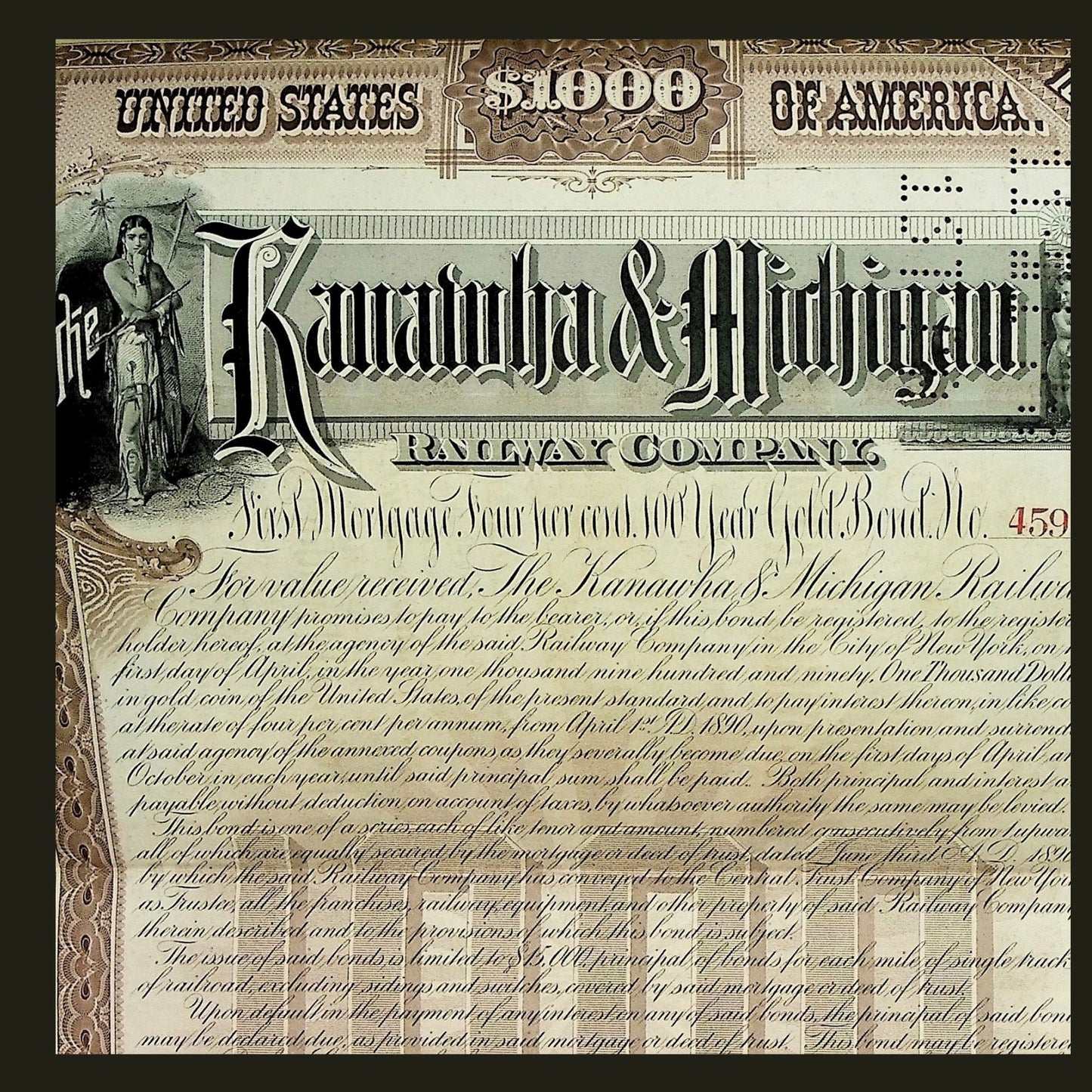 Kanawha & Michigan (West Virginia and Ohio) Railway Company Bond from 1890