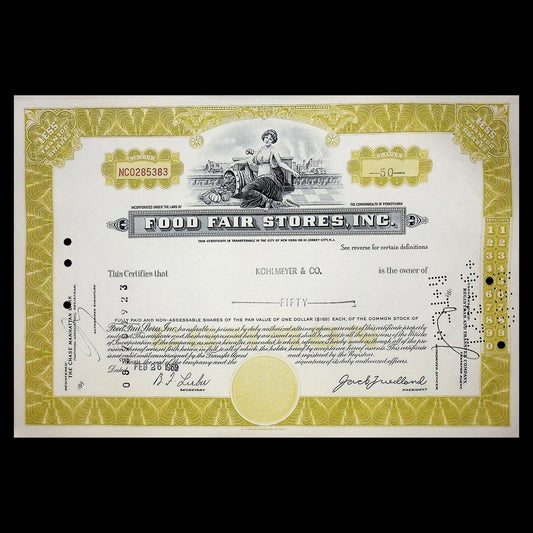 Food Fair Stores Stock Certificate from 1960s