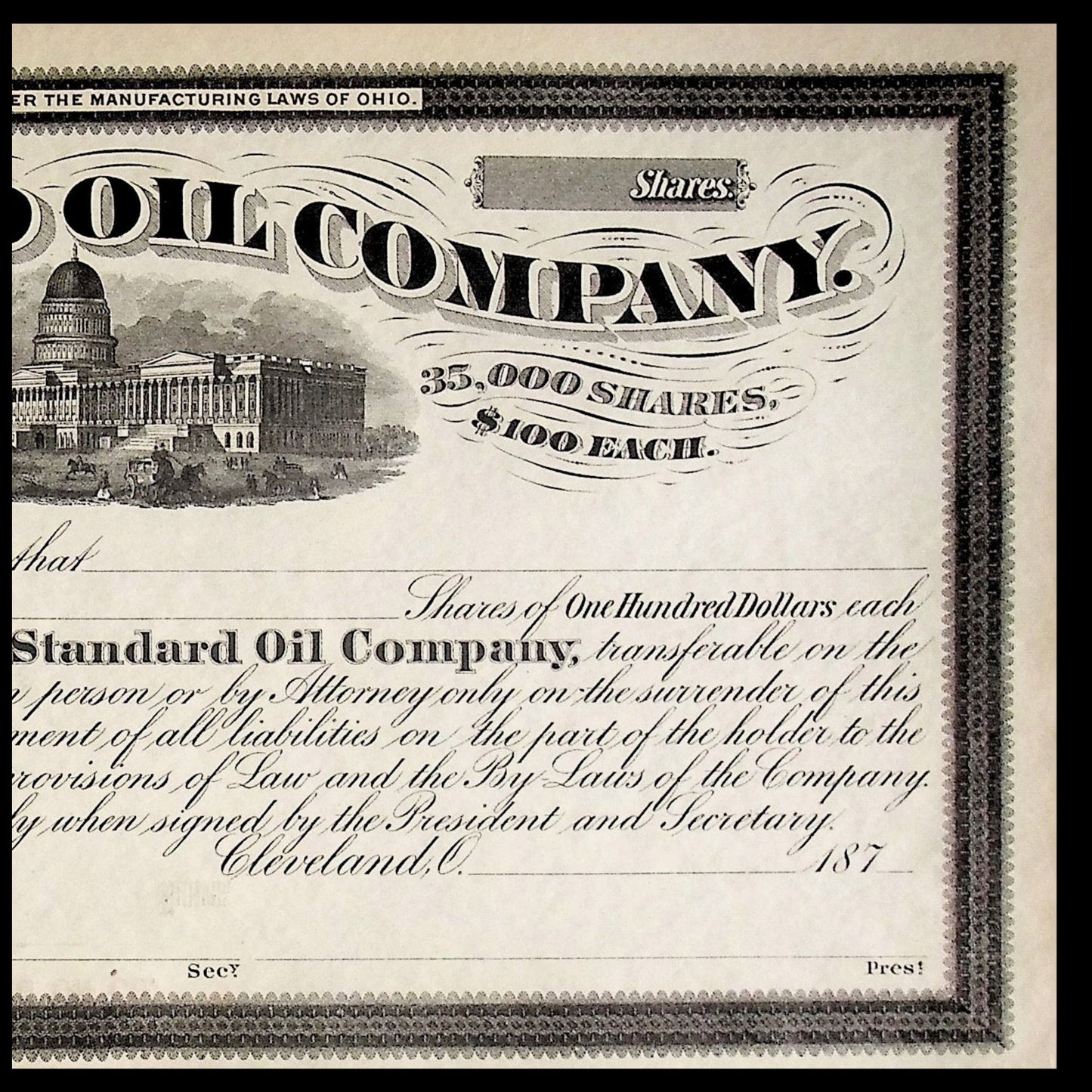 Standard Oil Company Unissued Stock Certificate from 1870s