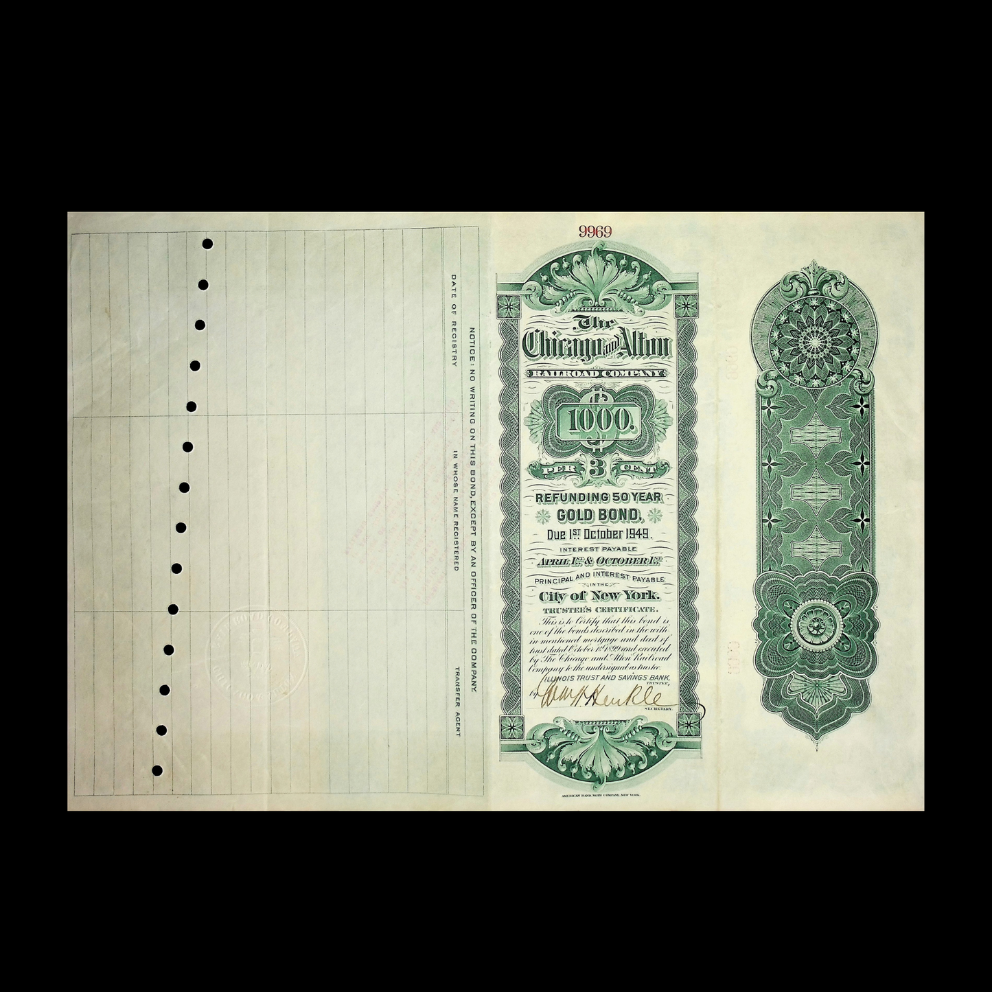 芝加哥和奥尔顿铁路公司 1899 年发行的 1,000 美元黄金债券
