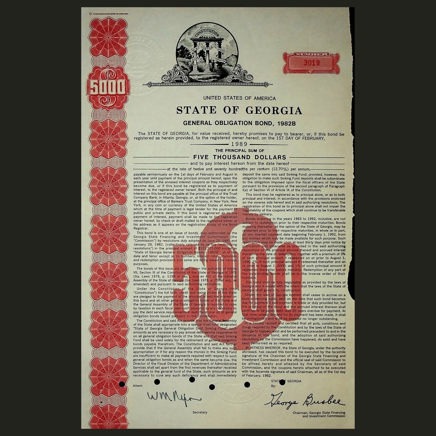 1982 年佐治亚州债券证书