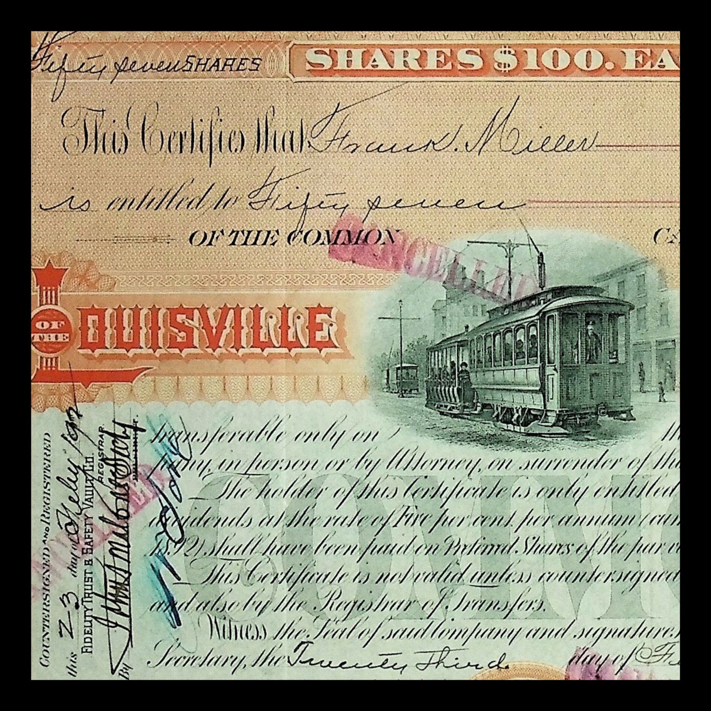 Louisville Railway Company Stock Certificate from 1890s - Kentucky Trolly
