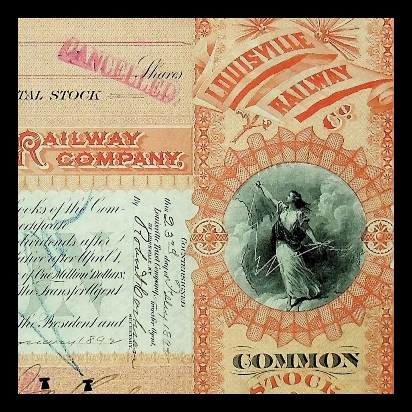 Louisville Railway Company Stock Certificate from 1890s - Kentucky Trolly