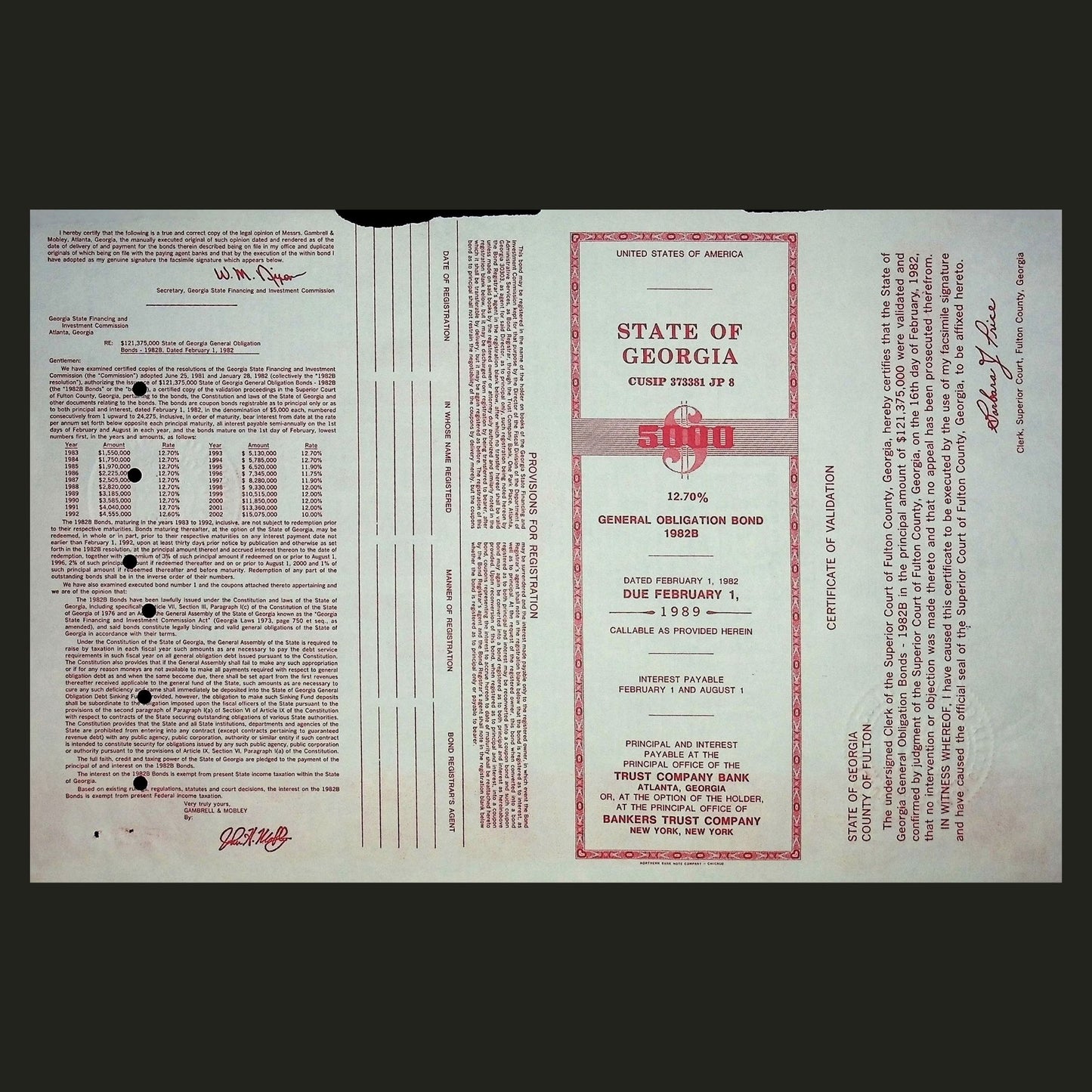 1982 年佐治亚州债券证书
