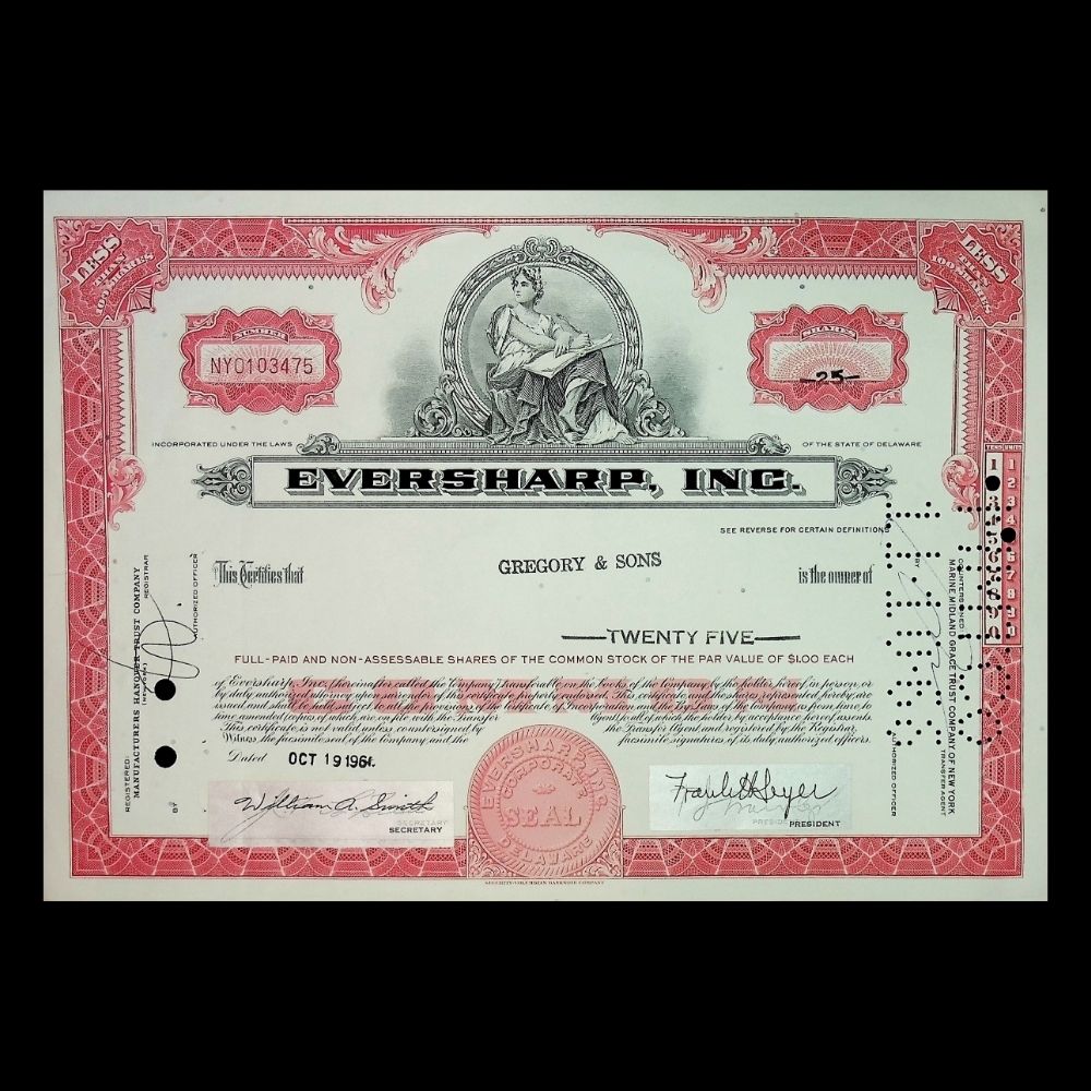 Eversharp Inc (Mechanical Pencils) Stock Certificate from 1960s