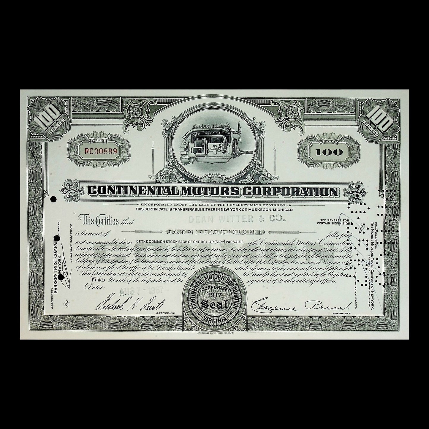Continental Motor Company (Aircraft Engines) Stock Certificate from 1960s