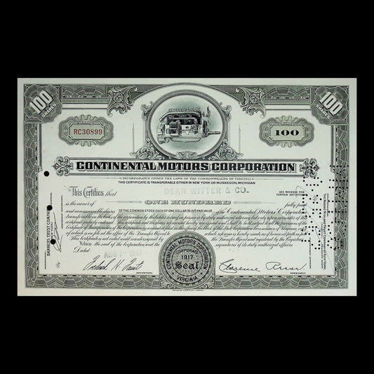 Continental Motor Company (Aircraft Engines) Stock Certificate from 1960s