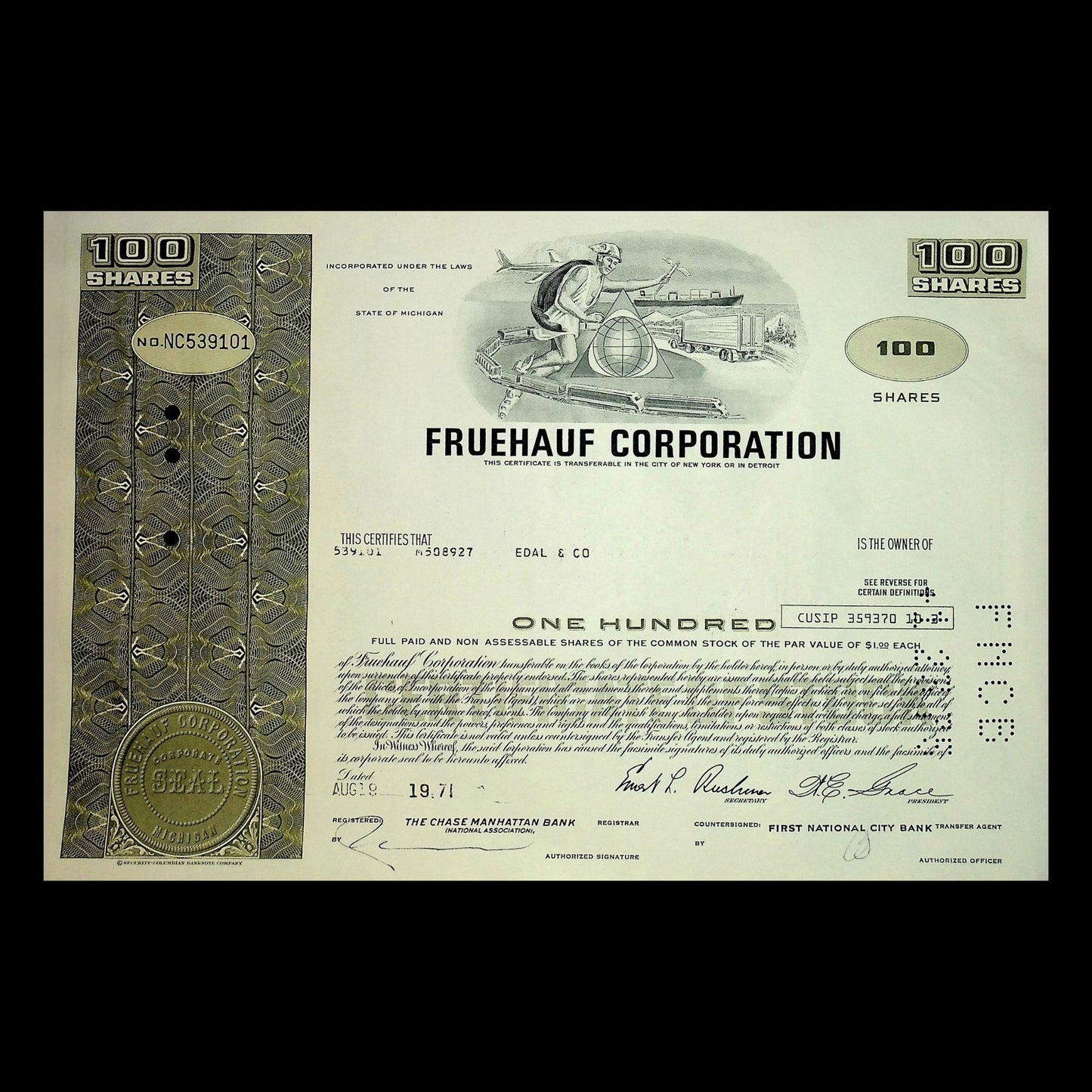 Fruehauf 公司(发明了集装箱和半挂车)股票证书