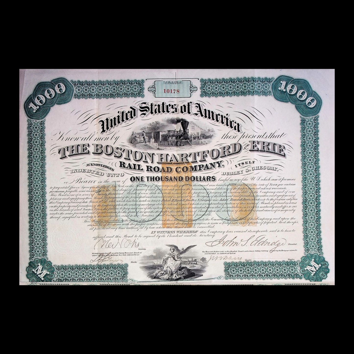 The Boston Hartford and Erie Railroad Company Bond for $1,000 from 1863