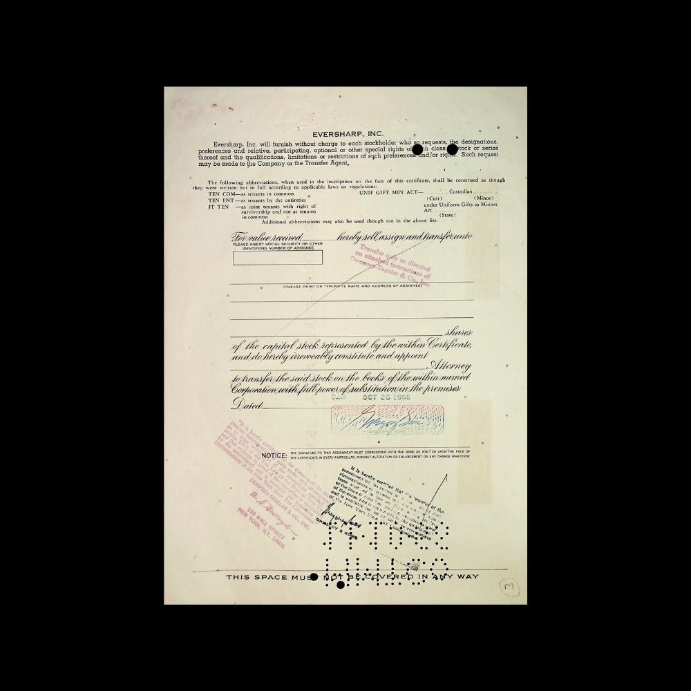 Eversharp Inc (Mechanical Pencils) Stock Certificate from 1960s