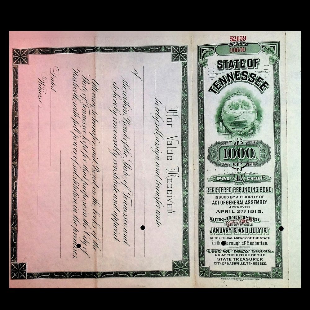 State of Tennessee bond certificate with pink and green design