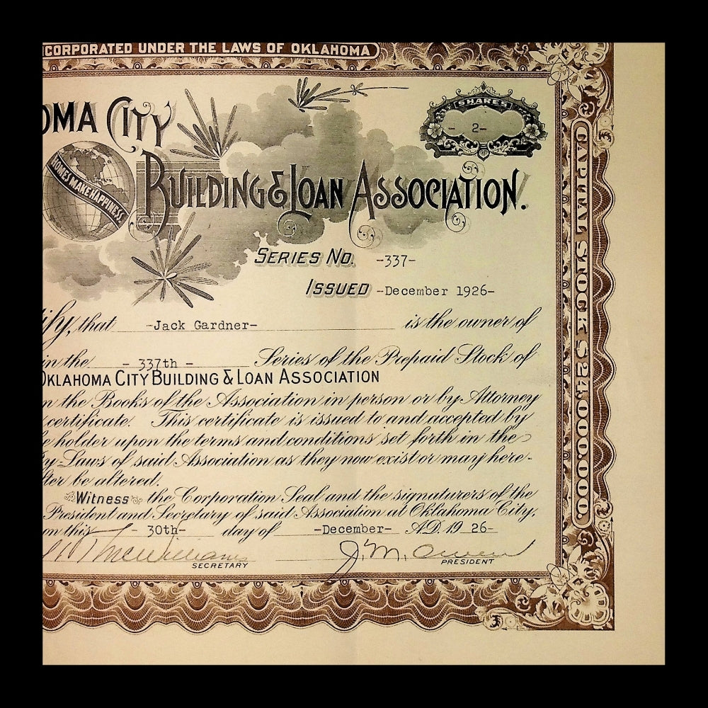 Oklahoma City Building & Loan Association Stock Certificates from 1923