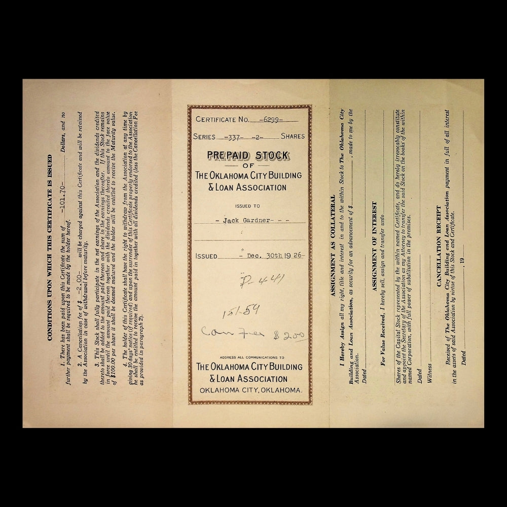 Oklahoma City Building & Loan Association Stock Certificates from 1923