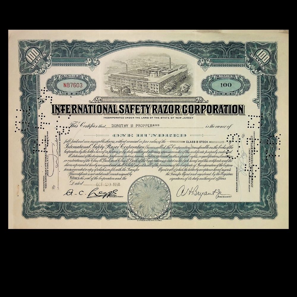 International Safety Razor Corporation Stock Certificate from 1950s