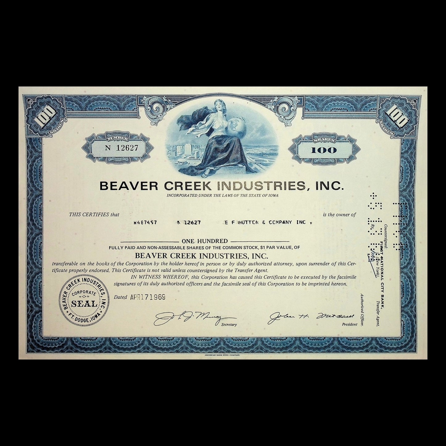 Beaver Creek Industries(爱荷华州酿酒厂和游乐园)1969 年股票证书