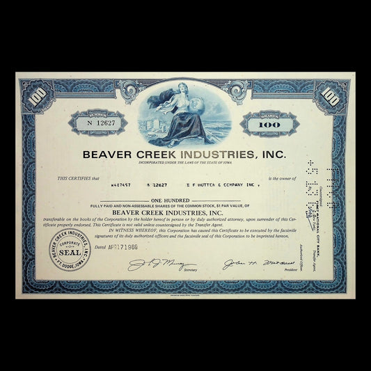 Beaver Creek Industries (Iowa distillery & Amusement Parks) Stock Certificate from 1969