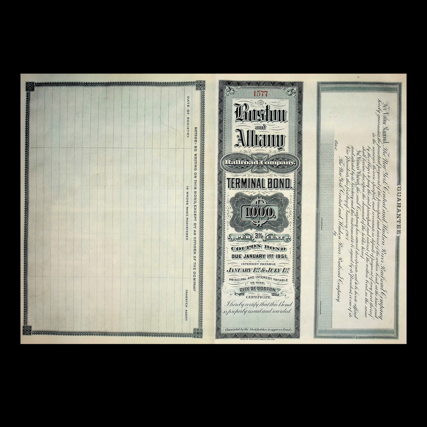 1901 年波士顿和奥尔巴尼铁路公司终点站(尼兰街车站)债券证书