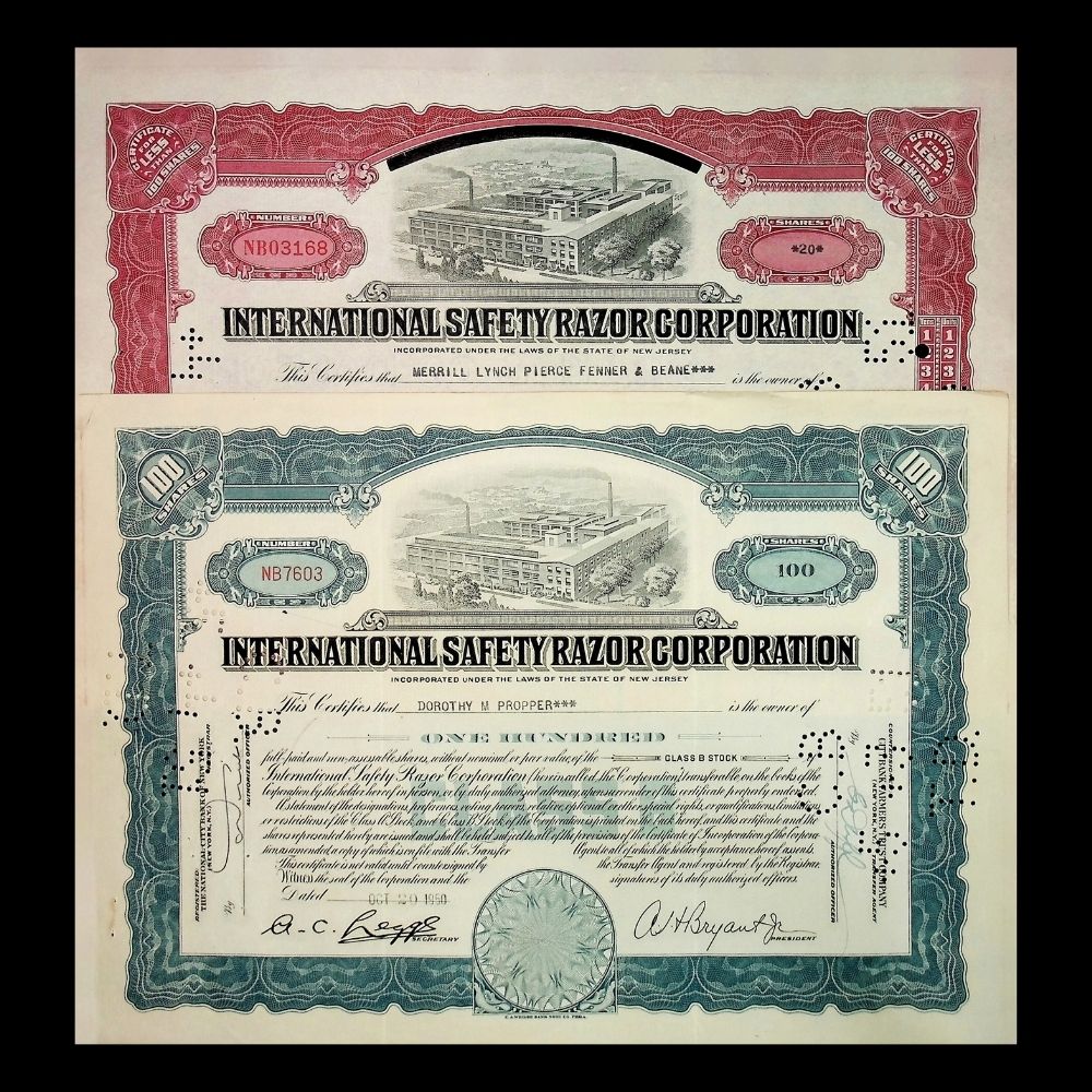 International Safety Razor Corporation Stock Certificate from 1950s