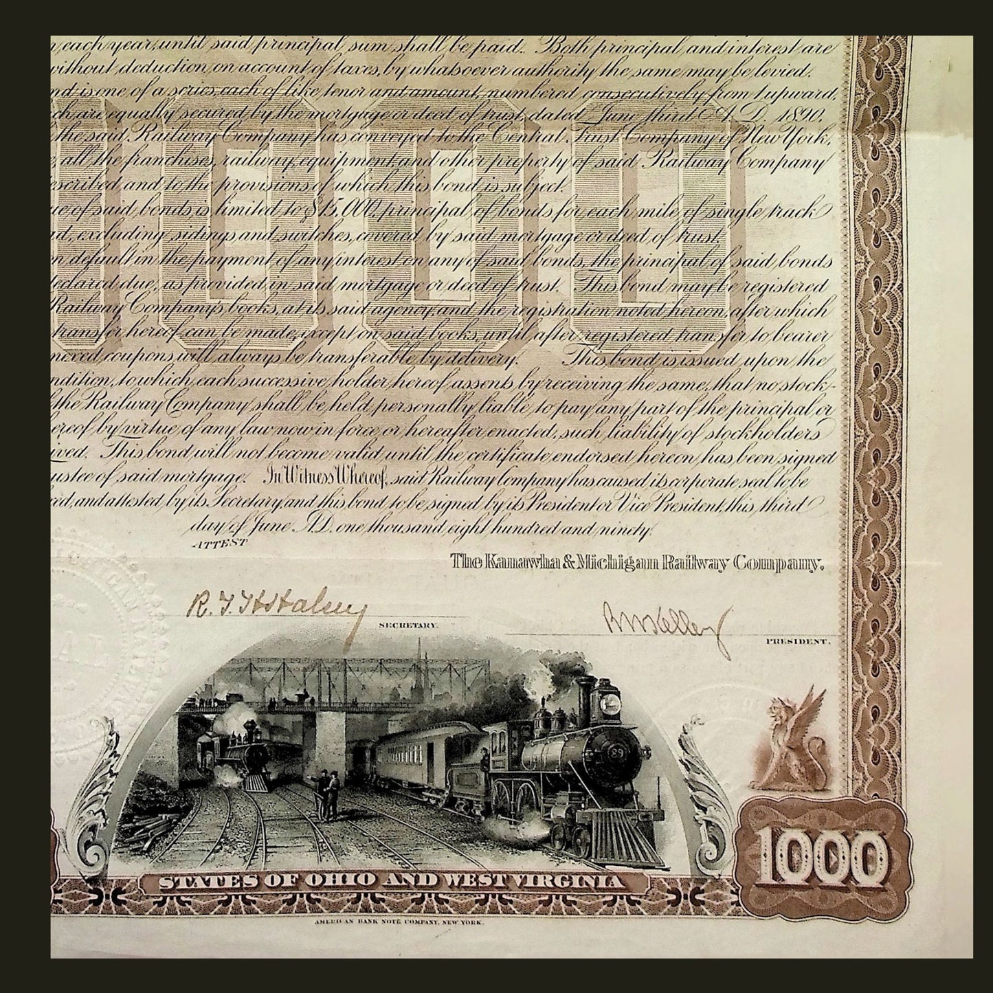 Kanawha & Michigan (West Virginia and Ohio) Railway Company Bond from 1890