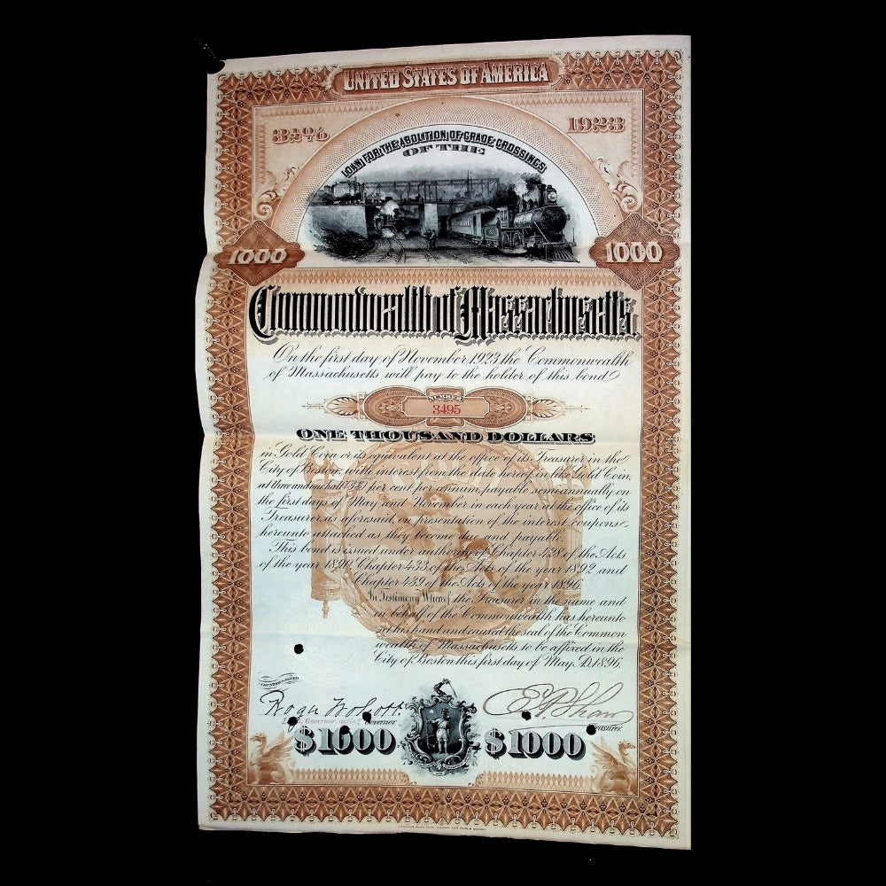 Commonwealth of Massachusetts Bond Certificate from 1896 with Coupons