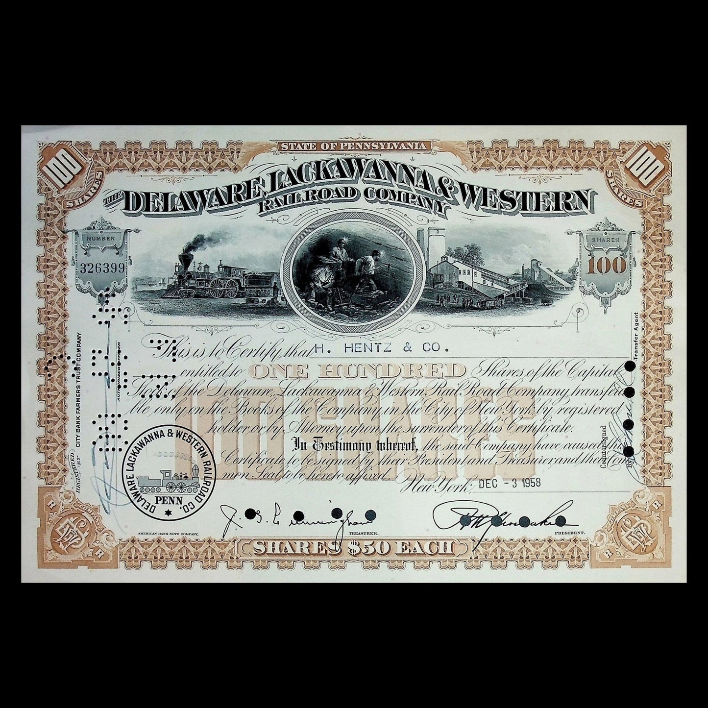 Delaware Lackawanna & Western Railroad Company Stock Certificate