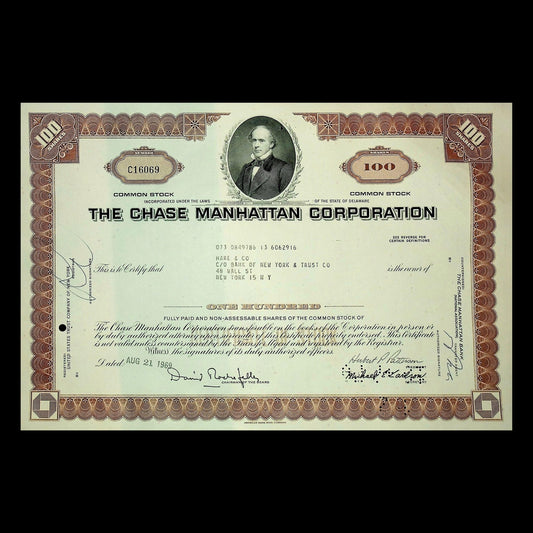 Chase Manhattan Bank Stock Certificate from 1960s - 4x colors