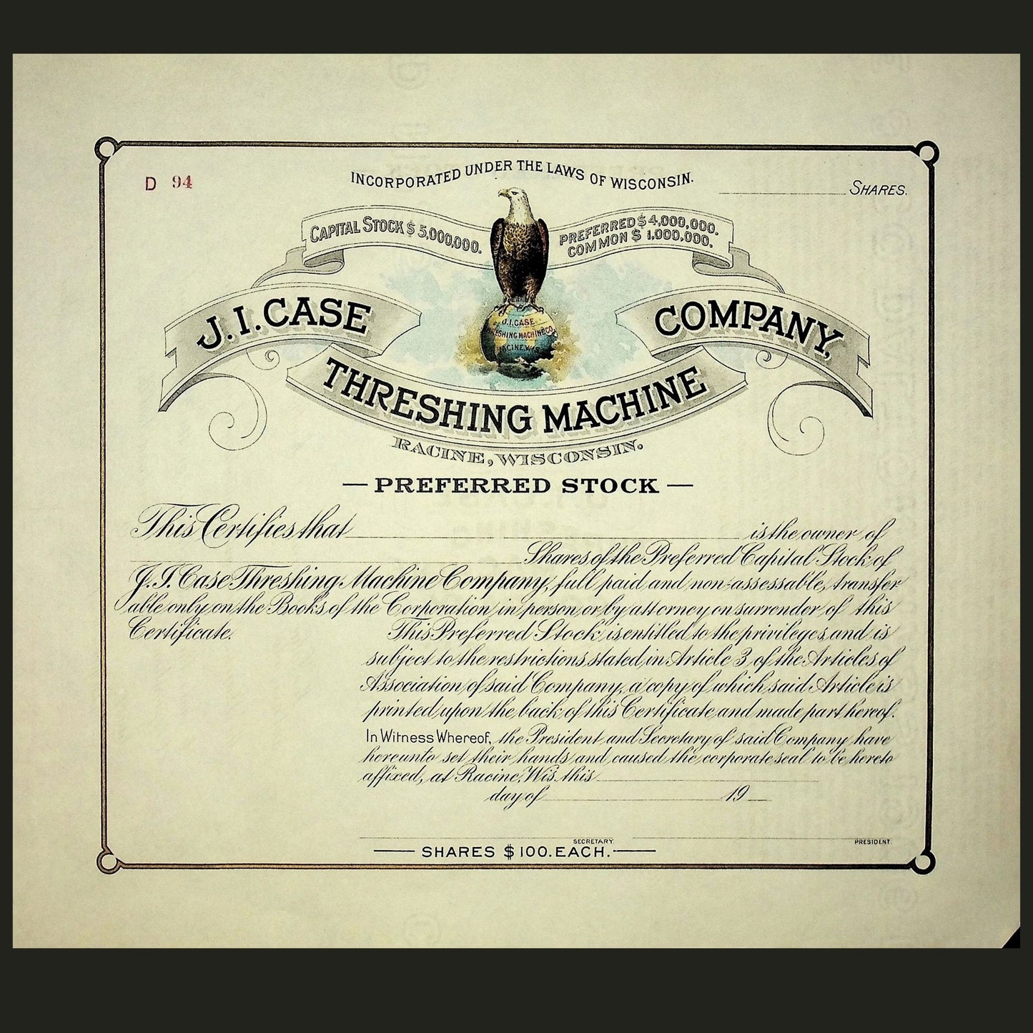 JI Case Company 脱粒机公司股票证书(1907 年)- 未发行