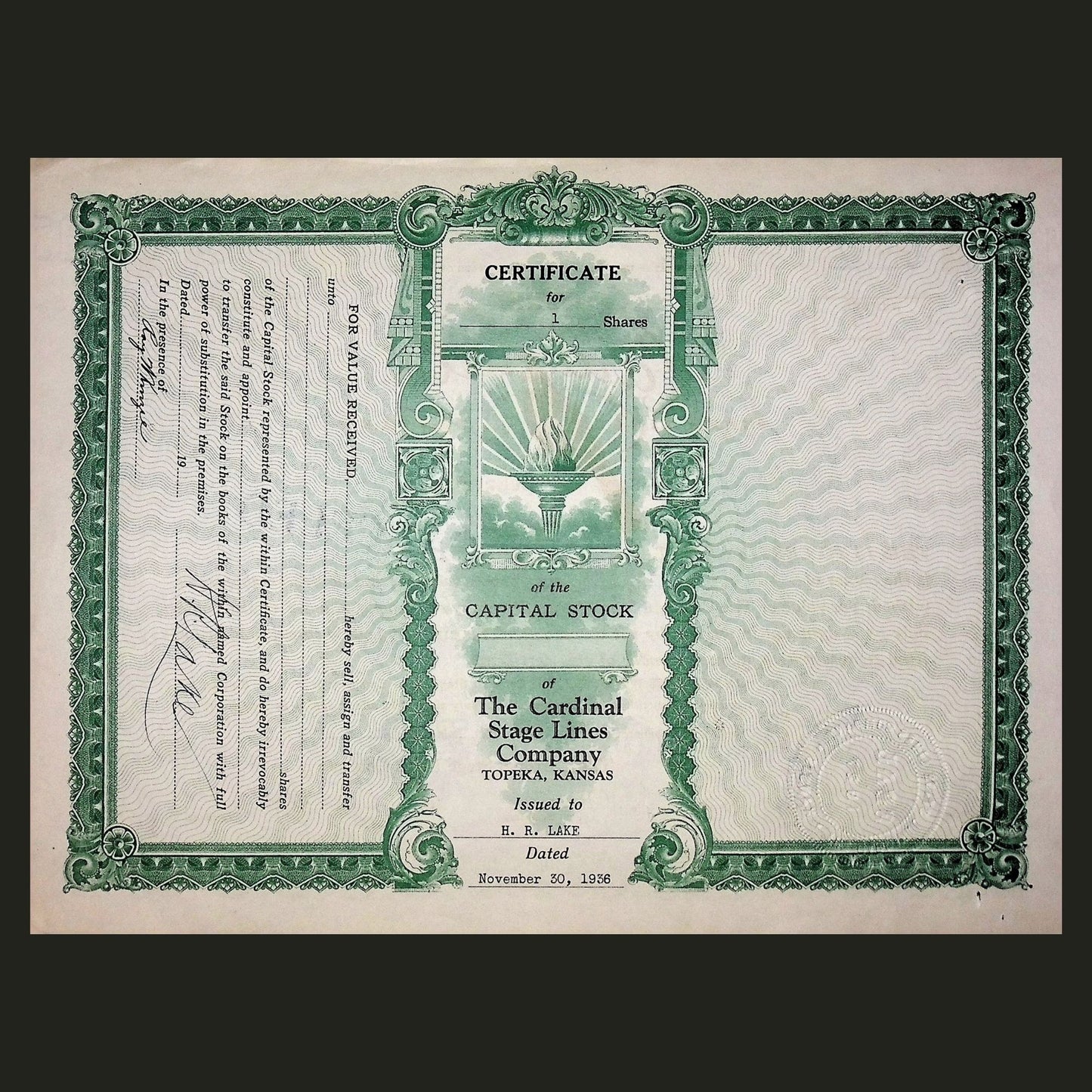 1936 年的 Cardinal Stage Lines Company(圣达菲小道)股票证书