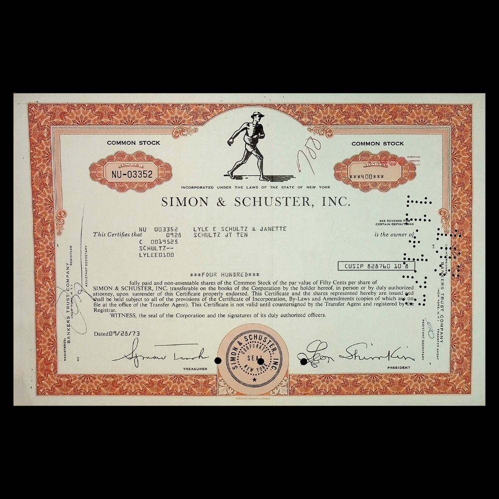 Simon & Schuster Inc (Book Publishers) Stock Certificate from 1970s
