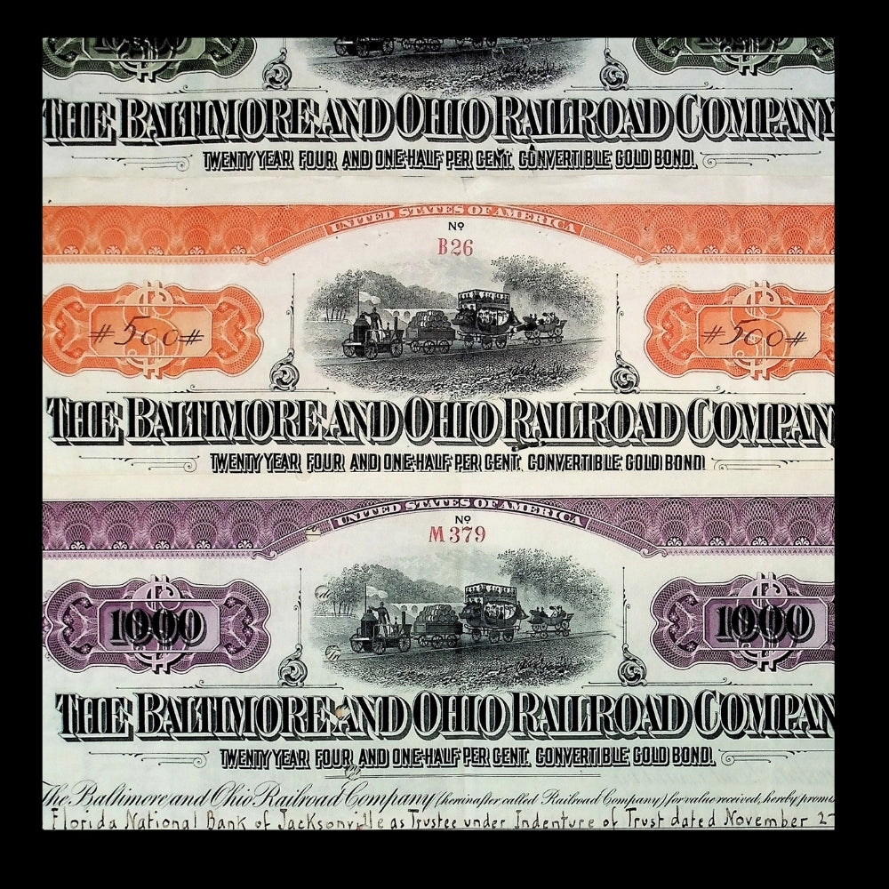 Baltimore & Ohio Railroad Gold Bond Certificates - 3x Combo Pack from 1913 - 1925