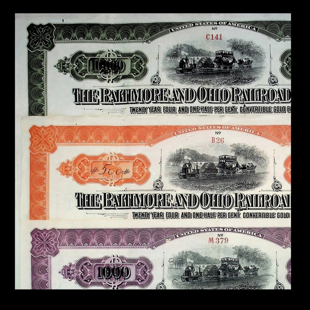 Baltimore & Ohio Railroad Gold Bond Certificates - 3x Combo Pack from 1913 - 1925