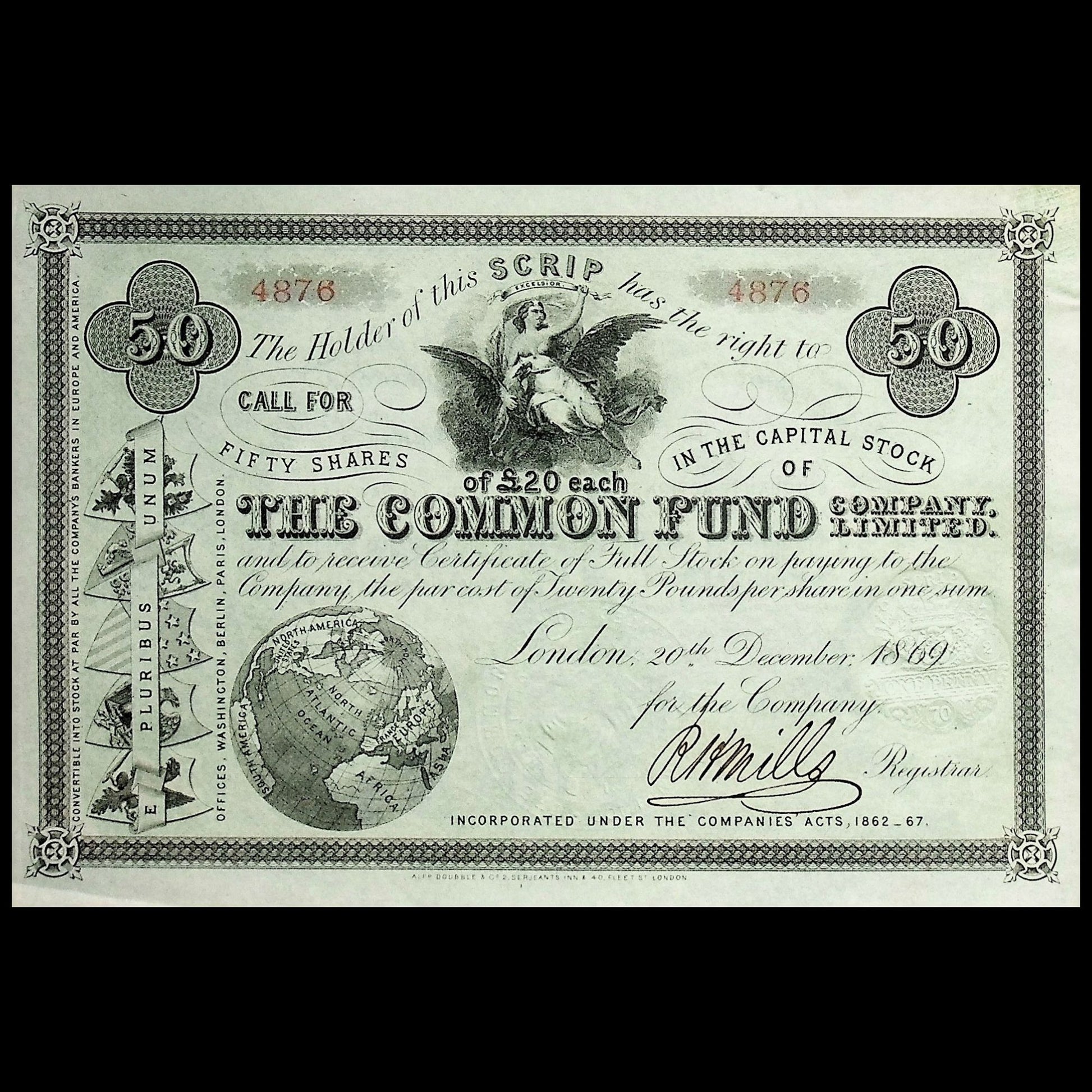 Vintage stock certificate from The Common Fund & Company Limited with decorative elements and text.