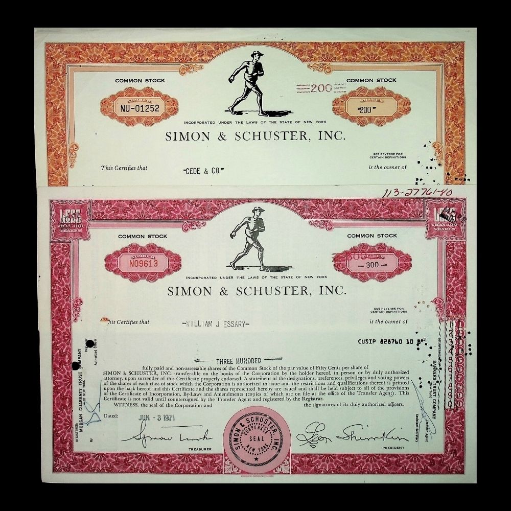 Simon & Schuster Inc (Book Publishers) Stock Certificate from 1970s