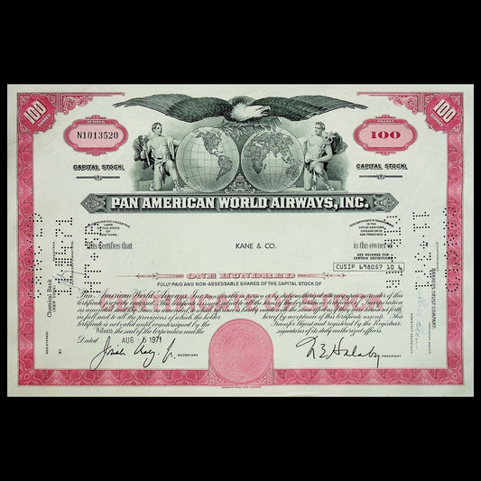 Pan American World Airways Inc Stock Certificate from 1960s to 1970s - 3x Color Options